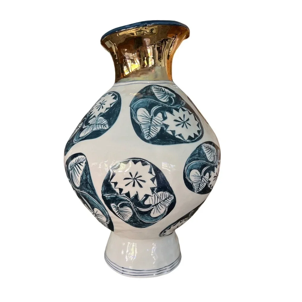 Ruan Hoffmann Anthropologie Dreambirds Wide Vase Navy Gold 14